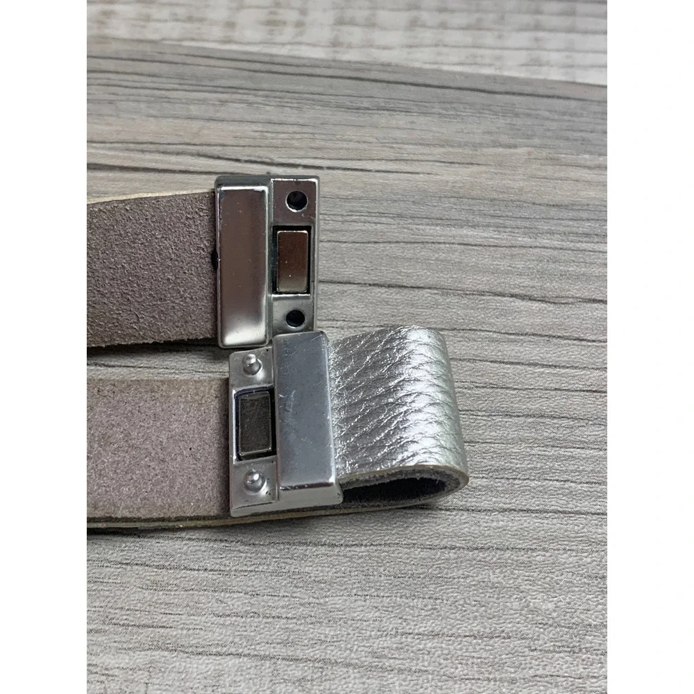 Silver Metallic Leather Cuff Bracelet Geometric Magnetic Clasp Rhinestone 4518